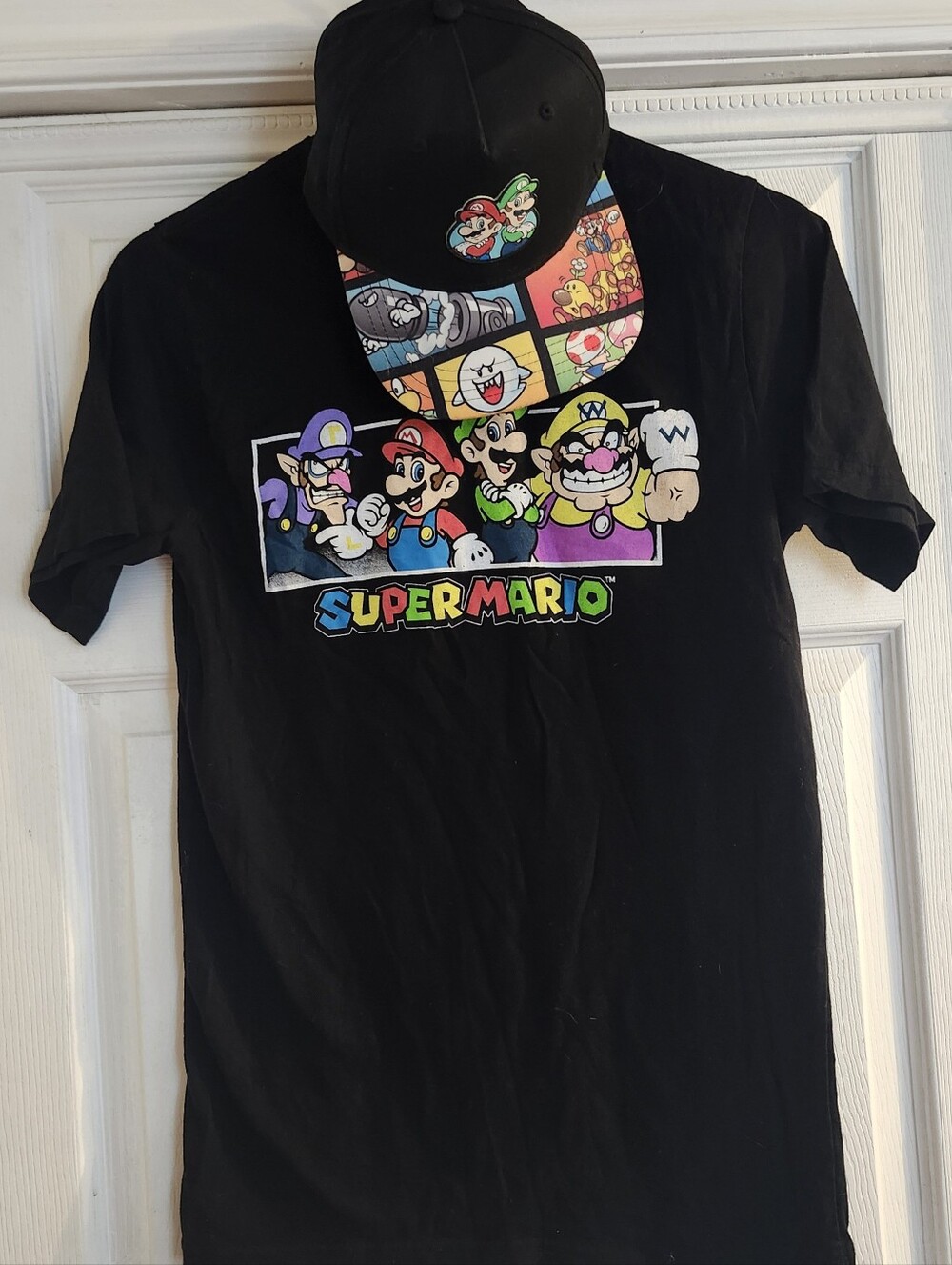 Nintendo Black Super Mario Character Tee with Multicolor Print And Hat